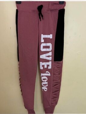 Girls' Rose Mauve 'LOVE' Drawstring Joggers with Side Panel Detail